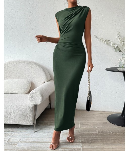 BTFBM Women's Ruched Bodycon Dress Summer Casual Sleeveless Back Slit Elegant Club Evening Party Cocktail Maxi Dresses