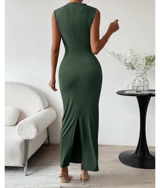 BTFBM Women's Ruched Bodycon Dress Summer Casual Sleeveless Back Slit Elegant Club Evening Party Cocktail Maxi Dresses