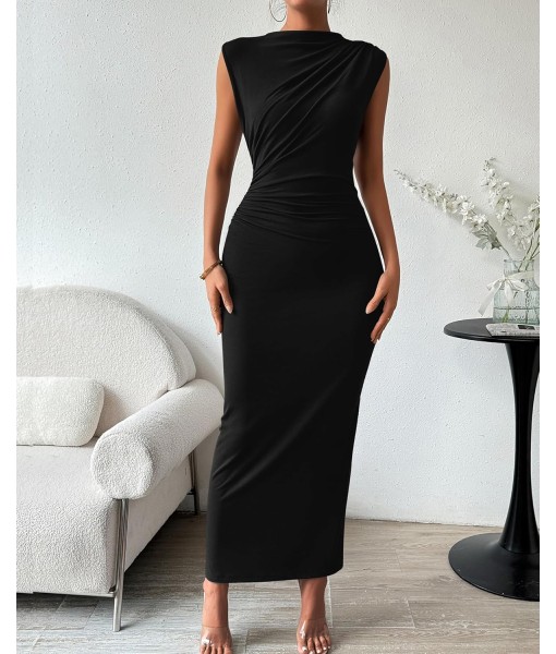 BTFBM Women's Ruched Bodycon Dress Summer Casual Sleeveless Back Slit Elegant Club Evening Party Cocktail Maxi Dresses