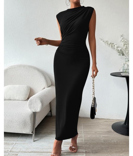 BTFBM Women's Ruched Bodycon Dress Summer Casual Sleeveless Back Slit Elegant Club Evening Party Cocktail Maxi Dresses
