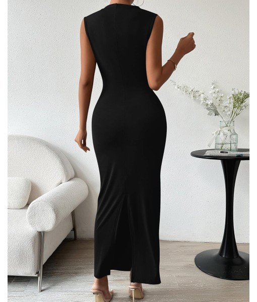 BTFBM Women's Ruched Bodycon Dress Summer Casual Sleeveless Back Slit Elegant Club Evening Party Cocktail Maxi Dresses