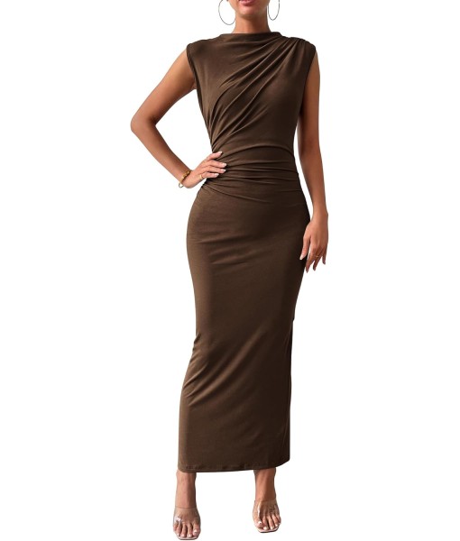 BTFBM Women's Ruched Bodycon Dress Summer Casual Sleeveless Back Slit Elegant Club Evening Party Cocktail Maxi Dresses