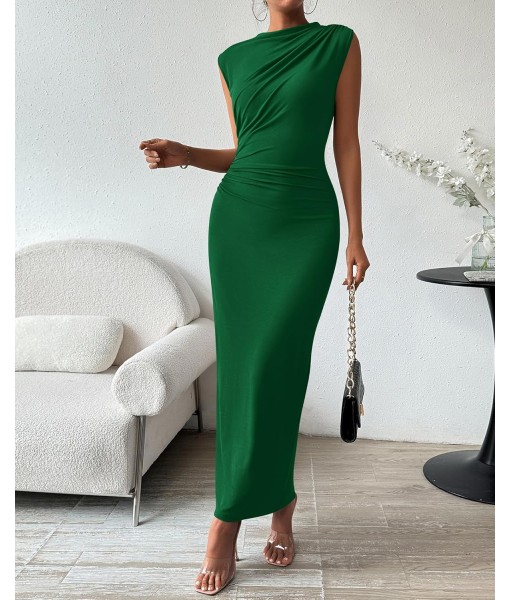 BTFBM Women's Ruched Bodycon Dress Summer Casual Sleeveless Back Slit Elegant Club Evening Party Cocktail Maxi Dresses