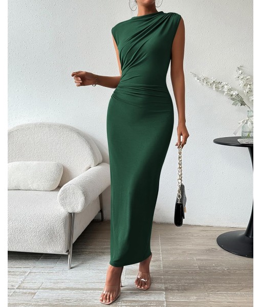 BTFBM Women's Ruched Bodycon Dress Summer Casual Sleeveless Back Slit Elegant Club Evening Party Cocktail Maxi Dresses
