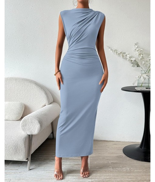 BTFBM Women's Ruched Bodycon Dress Summer Casual Sleeveless Back Slit Elegant Club Evening Party Cocktail Maxi Dresses
