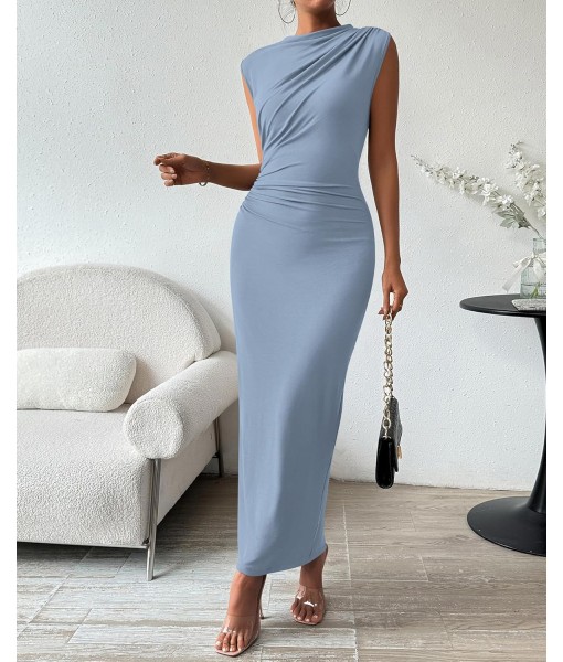 BTFBM Women's Ruched Bodycon Dress Summer Casual Sleeveless Back Slit Elegant Club Evening Party Cocktail Maxi Dresses
