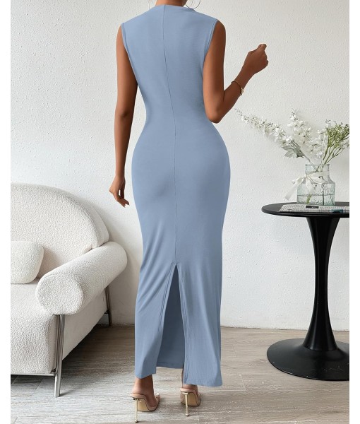 BTFBM Women's Ruched Bodycon Dress Summer Casual Sleeveless Back Slit Elegant Club Evening Party Cocktail Maxi Dresses