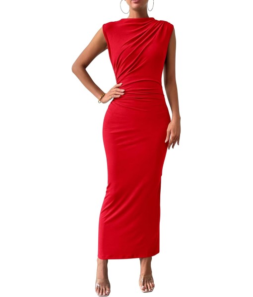 BTFBM Women's Ruched Bodycon Dress Summer Casual Sleeveless Back Slit Elegant Club Evening Party Cocktail Maxi Dresses