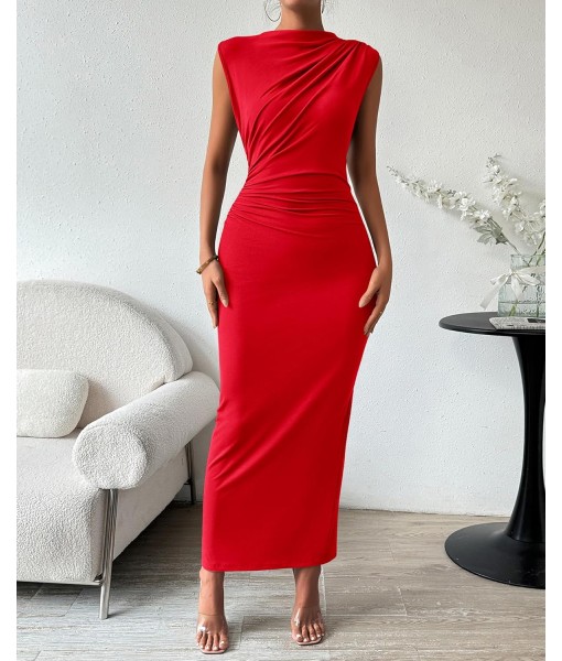 BTFBM Women's Ruched Bodycon Dress Summer Casual Sleeveless Back Slit Elegant Club Evening Party Cocktail Maxi Dresses