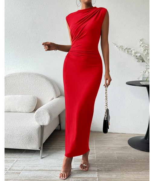 BTFBM Women's Ruched Bodycon Dress Summer Casual Sleeveless Back Slit Elegant Club Evening Party Cocktail Maxi Dresses
