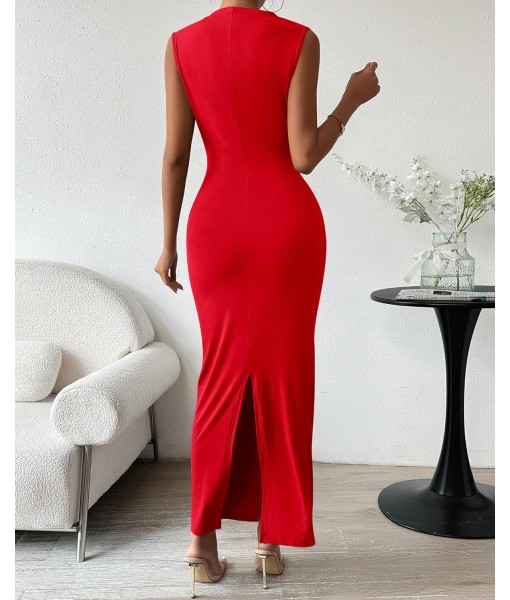BTFBM Women's Ruched Bodycon Dress Summer Casual Sleeveless Back Slit Elegant Club Evening Party Cocktail Maxi Dresses