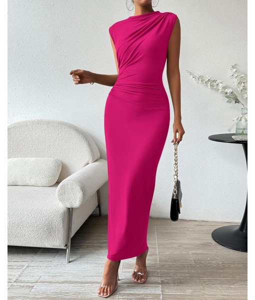 BTFBM Women's Ruched Bodycon Dress Summer Casual Sleeveless Back Slit Elegant Club Evening Party Cocktail Maxi Dresses