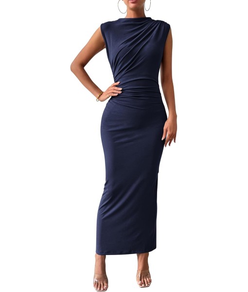 BTFBM Women's Ruched Bodycon Dress Summer Casual Sleeveless Back Slit Elegant Club Evening Party Cocktail Maxi Dresses