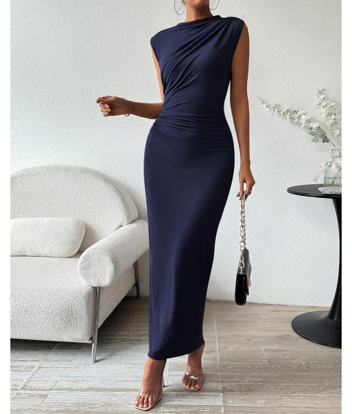 BTFBM Women's Ruched Bodycon Dress Summer Casual Sleeveless Back Slit Elegant Club Evening Party Cocktail Maxi Dresses