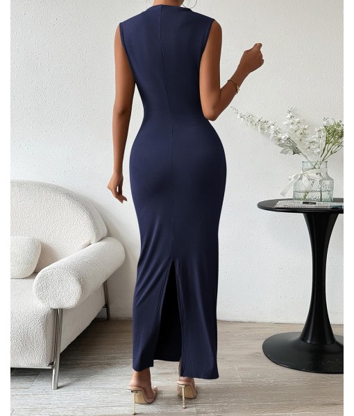 BTFBM Women's Ruched Bodycon Dress Summer Casual Sleeveless Back Slit Elegant Club Evening Party Cocktail Maxi Dresses