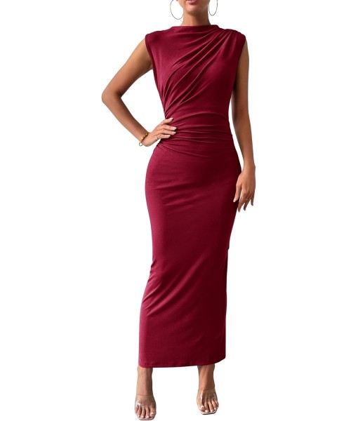 BTFBM Women's Ruched Bodycon Dress Summer Casual Sleeveless Back Slit Elegant Club Evening Party Cocktail Maxi Dresses