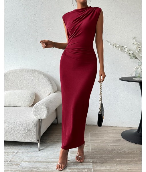 BTFBM Women's Ruched Bodycon Dress Summer Casual Sleeveless Back Slit Elegant Club Evening Party Cocktail Maxi Dresses