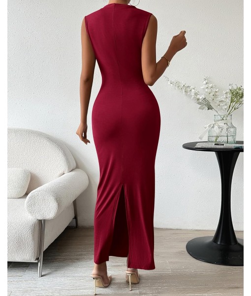 BTFBM Women's Ruched Bodycon Dress Summer Casual Sleeveless Back Slit Elegant Club Evening Party Cocktail Maxi Dresses