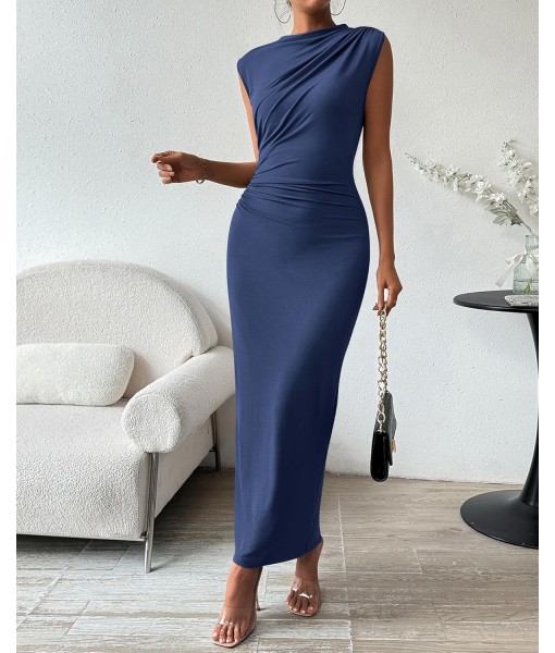 BTFBM Women's Ruched Bodycon Dress Summer Casual Sleeveless Back Slit Elegant Club Evening Party Cocktail Maxi Dresses
