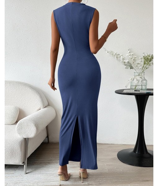BTFBM Women's Ruched Bodycon Dress Summer Casual Sleeveless Back Slit Elegant Club Evening Party Cocktail Maxi Dresses