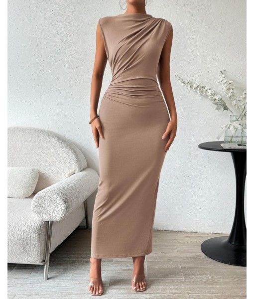 BTFBM Women's Ruched Bodycon Dress Summer Casual Sleeveless Back Slit Elegant Club Evening Party Cocktail Maxi Dresses