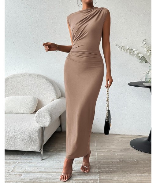 BTFBM Women's Ruched Bodycon Dress Summer Casual Sleeveless Back Slit Elegant Club Evening Party Cocktail Maxi Dresses