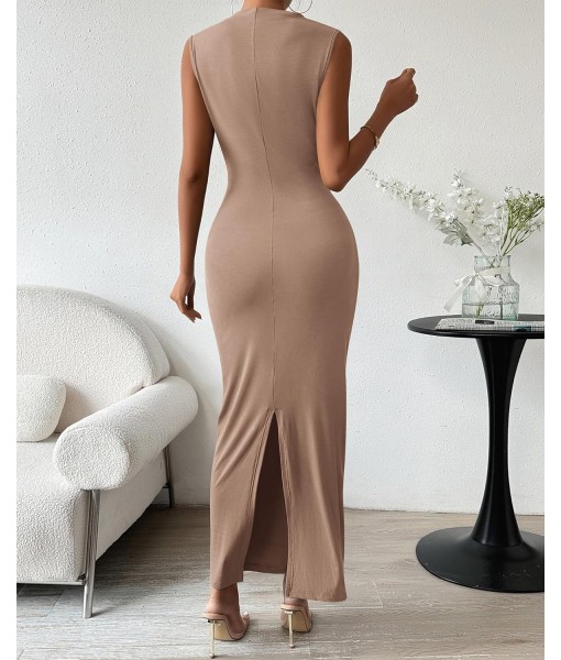 BTFBM Women's Ruched Bodycon Dress Summer Casual Sleeveless Back Slit Elegant Club Evening Party Cocktail Maxi Dresses