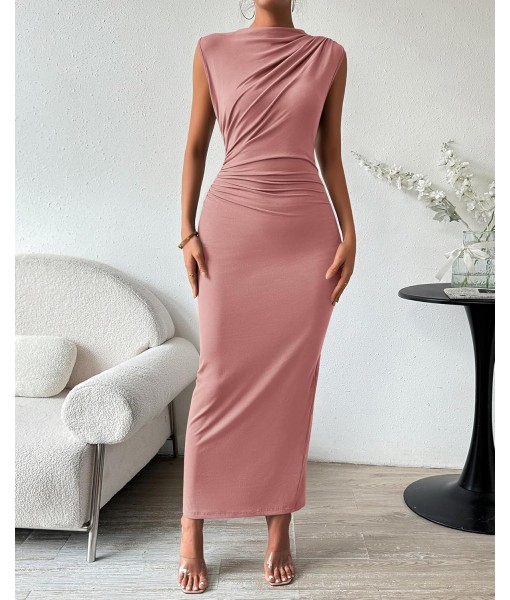 BTFBM Women's Ruched Bodycon Dress Summer Casual Sleeveless Back Slit Elegant Club Evening Party Cocktail Maxi Dresses