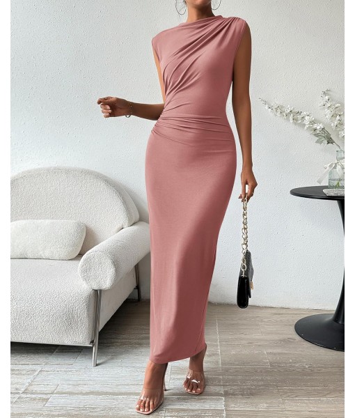 BTFBM Women's Ruched Bodycon Dress Summer Casual Sleeveless Back Slit Elegant Club Evening Party Cocktail Maxi Dresses