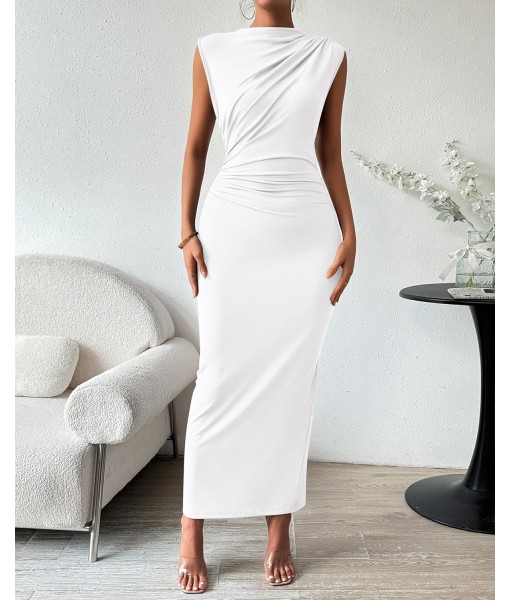 BTFBM Women's Ruched Bodycon Dress Summer Casual Sleeveless Back Slit Elegant Club Evening Party Cocktail Maxi Dresses