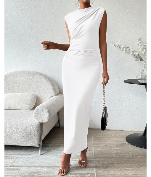 BTFBM Women's Ruched Bodycon Dress Summer Casual Sleeveless Back Slit Elegant Club Evening Party Cocktail Maxi Dresses