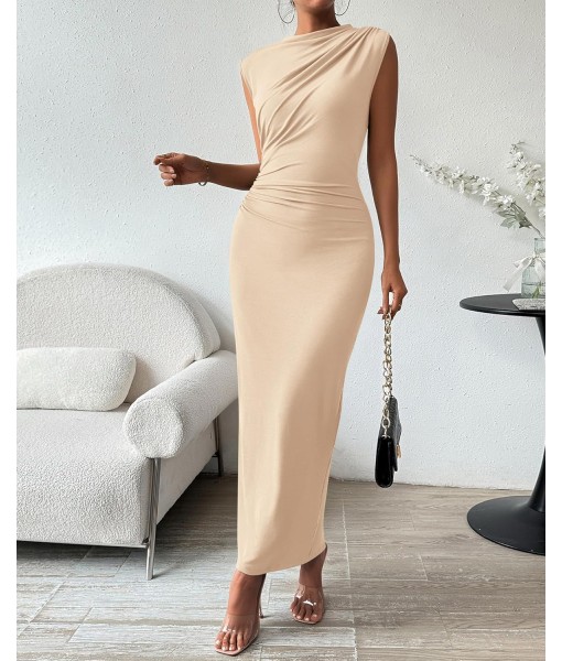 BTFBM Women's Ruched Bodycon Dress Summer Casual Sleeveless Back Slit Elegant Club Evening Party Cocktail Maxi Dresses