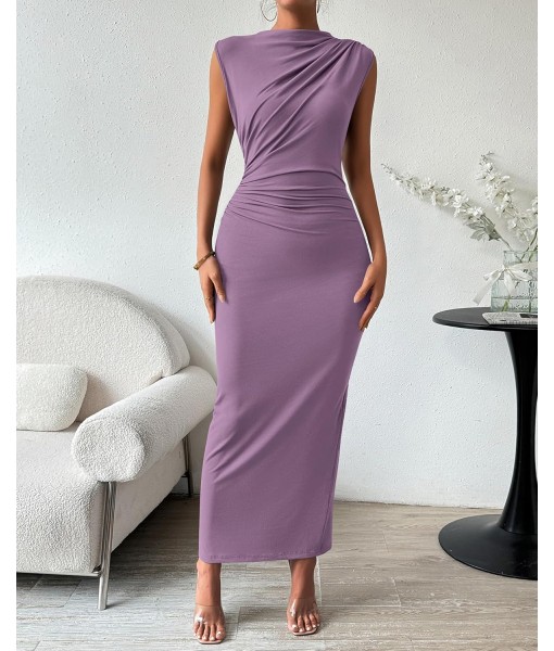 BTFBM Women's Ruched Bodycon Dress Summer Casual Sleeveless Back Slit Elegant Club Evening Party Cocktail Maxi Dresses