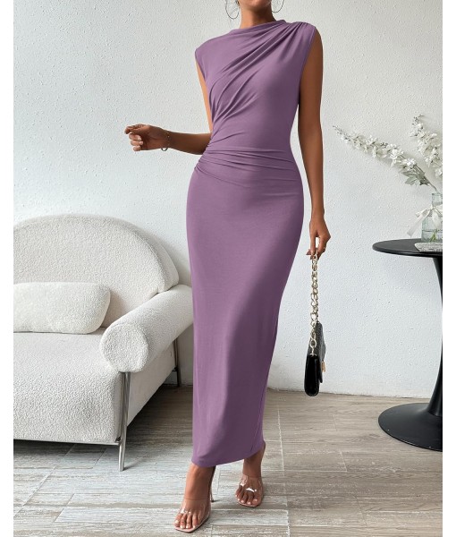 BTFBM Women's Ruched Bodycon Dress Summer Casual Sleeveless Back Slit Elegant Club Evening Party Cocktail Maxi Dresses