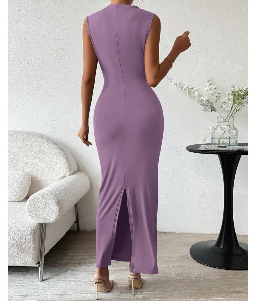 BTFBM Women's Ruched Bodycon Dress Summer Casual Sleeveless Back Slit Elegant Club Evening Party Cocktail Maxi Dresses