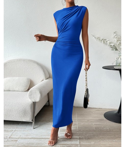 BTFBM Women's Ruched Bodycon Dress Summer Casual Sleeveless Back Slit Elegant Club Evening Party Cocktail Maxi Dresses