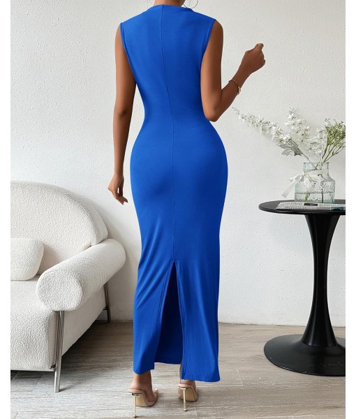 BTFBM Women's Ruched Bodycon Dress Summer Casual Sleeveless Back Slit Elegant Club Evening Party Cocktail Maxi Dresses