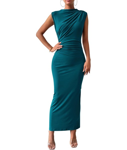 BTFBM Women's Ruched Bodycon Dress Summer Casual Sleeveless Back Slit Elegant Club Evening Party Cocktail Maxi Dresses