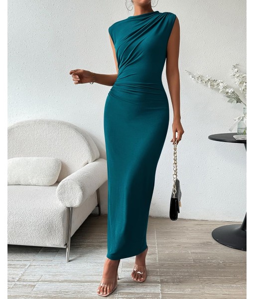 BTFBM Women's Ruched Bodycon Dress Summer Casual Sleeveless Back Slit Elegant Club Evening Party Cocktail Maxi Dresses