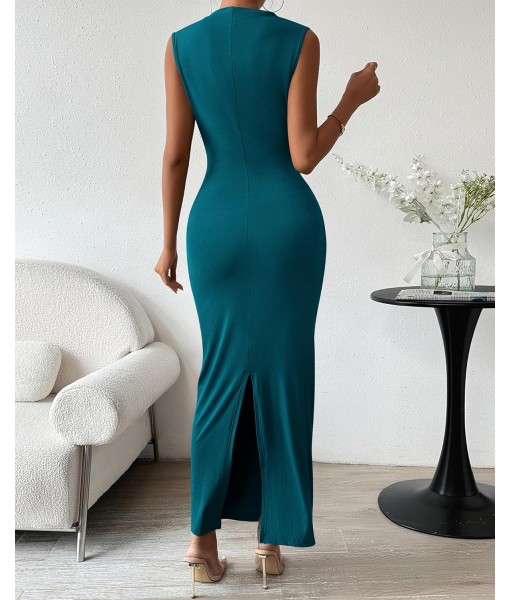 BTFBM Women's Ruched Bodycon Dress Summer Casual Sleeveless Back Slit Elegant Club Evening Party Cocktail Maxi Dresses