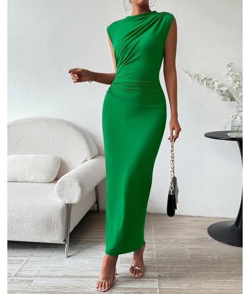 BTFBM Women's Ruched Bodycon Dress Summer Casual Sleeveless Back Slit Elegant Club Evening Party Cocktail Maxi Dresses