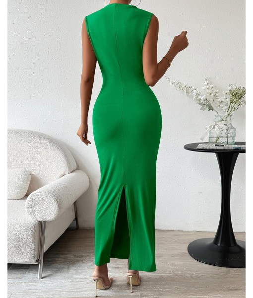 BTFBM Women's Ruched Bodycon Dress Summer Casual Sleeveless Back Slit Elegant Club Evening Party Cocktail Maxi Dresses
