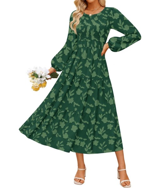 ZESICA Women's Fall Boho Floral Midi Dress 2025 Casual Long Sleeve Crewneck Flowy Wedding Guest Long Dresses