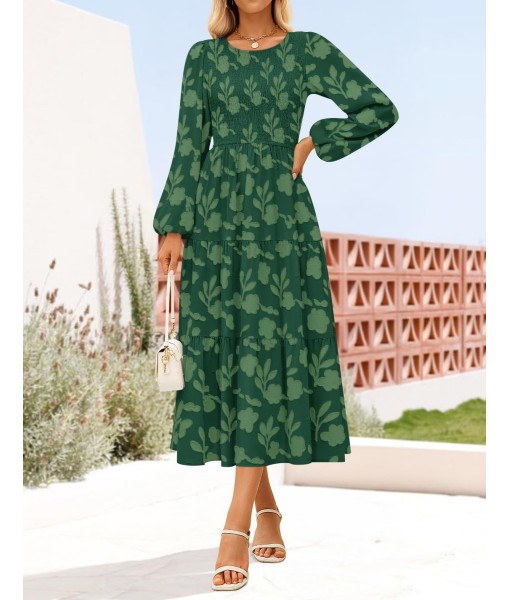 ZESICA Women's Fall Boho Floral Midi Dress 2025 Casual Long Sleeve Crewneck Flowy Wedding Guest Long Dresses