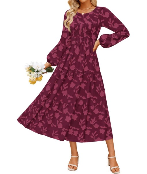 ZESICA Women's Fall Boho Floral Midi Dress 2025 Casual Long Sleeve Crewneck Flowy Wedding Guest Long Dresses