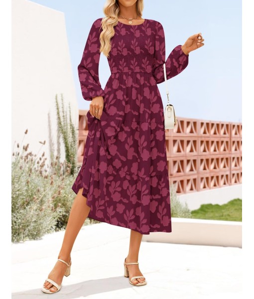 ZESICA Women's Fall Boho Floral Midi Dress 2025 Casual Long Sleeve Crewneck Flowy Wedding Guest Long Dresses