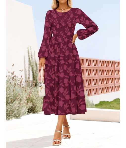 ZESICA Women's Fall Boho Floral Midi Dress 2025 Casual Long Sleeve Crewneck Flowy Wedding Guest Long Dresses