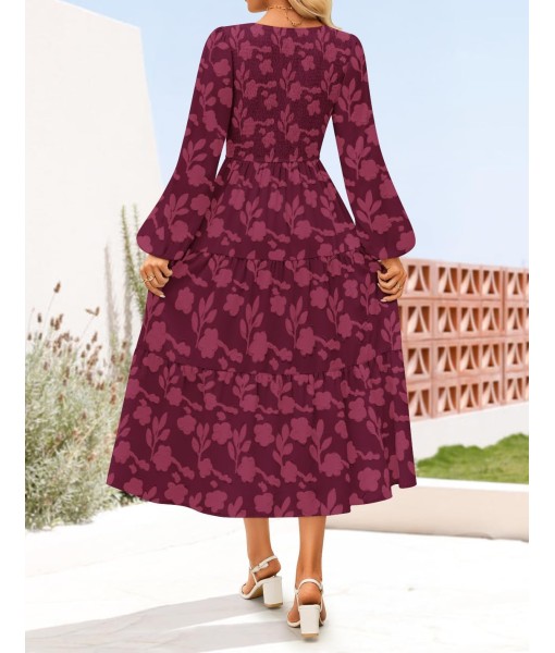 ZESICA Women's Fall Boho Floral Midi Dress 2025 Casual Long Sleeve Crewneck Flowy Wedding Guest Long Dresses