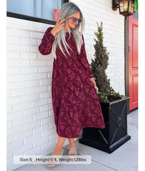 ZESICA Women's Fall Boho Floral Midi Dress 2025 Casual Long Sleeve Crewneck Flowy Wedding Guest Long Dresses