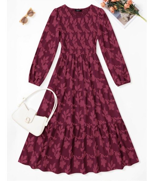ZESICA Women's Fall Boho Floral Midi Dress 2025 Casual Long Sleeve Crewneck Flowy Wedding Guest Long Dresses